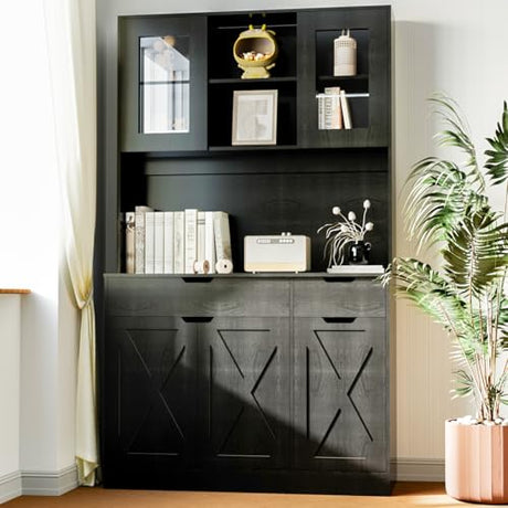 GTFURNI 71" Tall Kitchen Pantry Storage Cabinet Large Farmhouse Hutch Cabinet with Microwave Stand, Charging Station, Adjustable Shelves, Countertop for Dining Room, Living Room, Black GTFURNI
