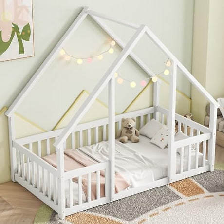 Bellemave White Twin Montessori Floor Bed with Roof and Fence for Kids Bellemave