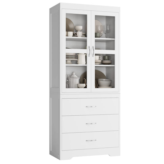 FOTOSOK White Kitchen Pantry Cabinet, 67’’ Freestanding Tall Storage Cabinet with 2 Tempered Glass Doors, Modern Kitchen Cupboard Large Floor Cabinet with 3 Shelves & 3 Drawers for Home Offic - WoodArtSupply