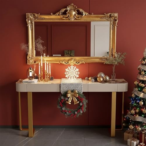 MISXEOE Modern Console Table with Storage Drawers Stone Slab Top, Rectangle Narrow Sofa Table Behind Couch Entryway Cabinet for Living Room, Hallway, Foyer(Gold,39.3"x13.7"x33.4") MISXEOE