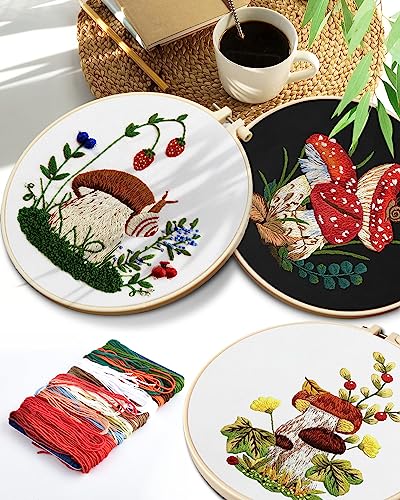 TINDTOP Embroidery Kit for Adult for Beginners, 5 Sets Mushroom Embroidery Kit for Beginners Include Embroidery Cloth Hoops Threads for Craft Lover Hand Stitch with Embroidery Skill Techniques TINDTOP