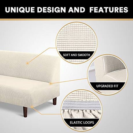 PrinceDeco Stretch Armless Futon Cover Futon Slipcover Full Queen Size Couch Cover Futon Sofa Bed Cover Furniture Protector with Elastic Bottom, Machine Washable, Biscotti Beige PrinceDeco