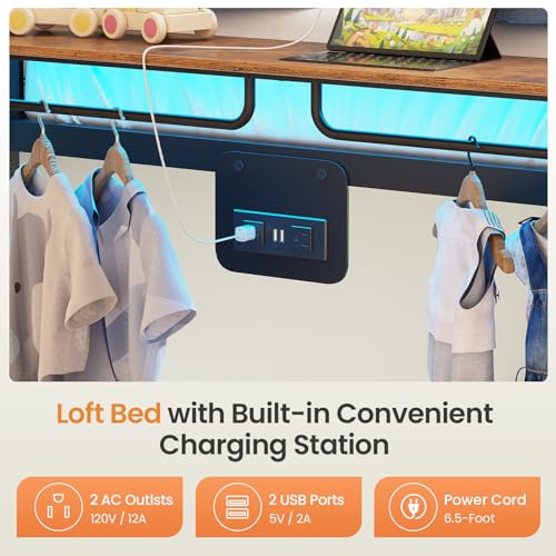 Itaar Metal Bunk Bed Twin Over Twin with Hall Tree, Power Outlet, LED Bunk Bed with 4 Storage Drawers, Bed with Safety Guardrail & Ladders, No Box Spring Needed, Easy Assembly, Rustic Brown Itaar