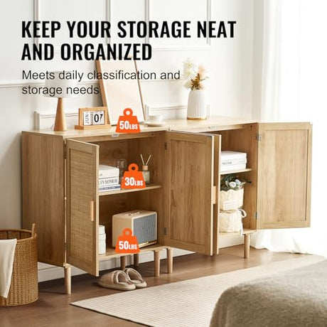VEVOR Rattan Buffet Cabinet with Storage, 4 Magnetic Doors and Adjustable Shelves, Sideboard for Hallway, Living Room, Kitchen, Natural VEVOR