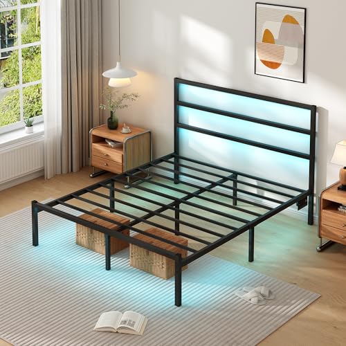 CLIBFENG Full Size Bed Frame with Headboard,Heavy Duty Steel Slats Support-LED Bed Frame with USB Charging Station,Mattress Foundation-Under Bed Storage,No Box Spring Needed,Noise Free，Black CLIBFENG
