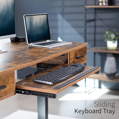 VIVO Electric Height Adjustable 55 x 24 inch Memory Stand Up Desk with Rear-Set Legs, Rustic Vintage Brown Table Top with Built-in Drawers and Keyboard Tray, Black Frame, DESK-KIT-RB5MN VIVO