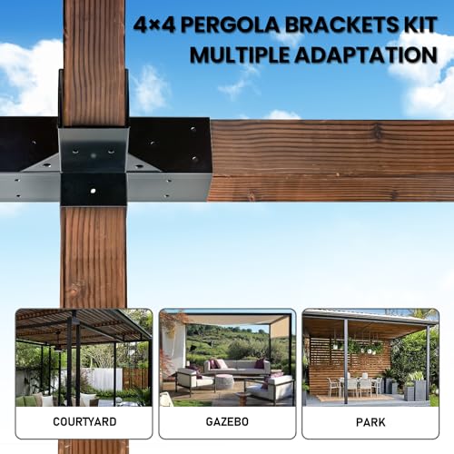 Anman Corner Pergola Brackets Kit 4x4 4-Way Right Angle Corner Woodworks Brackets for Extension Elevated Wood Stand, Alloy Steel Beams/Pergola/Gazebo Kit (4-Way Corner Brackets (2 PCS))