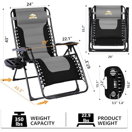 Colegence Oversized Padded Zero Gravity Lounge Chair, Foldable Patio Anti Gravity Reclining Chairs Folding Lawn Recliner with Cup Holder for Yard, Camping, Outdoor, Support 350 LBS, Black Colegence