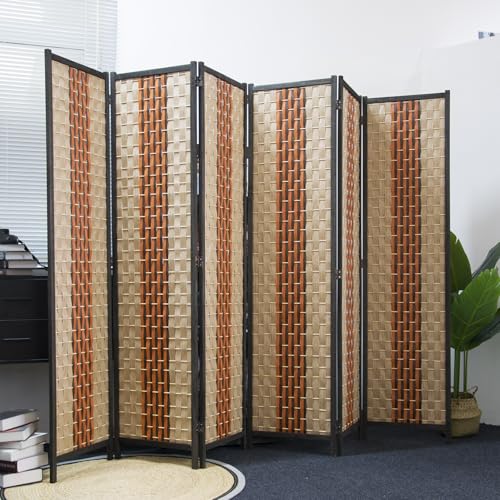 Furnnylane 6 Panel Room Divider Screen in Beige and Orange,Blackout Room Divider Folding Panel Screen for Room Separation and Home Decoration,70.8" H x 106.3" W Furnnylane