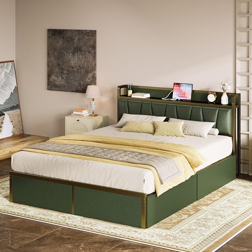 LIKIMIO Queen Bed Frame with 4 Storage Drawers, Platform Bed with Charged Headboard, Sturdy and Stable, No Noise, No Box Spring Needed, Easy to Install, Dark Green LIKIMIO