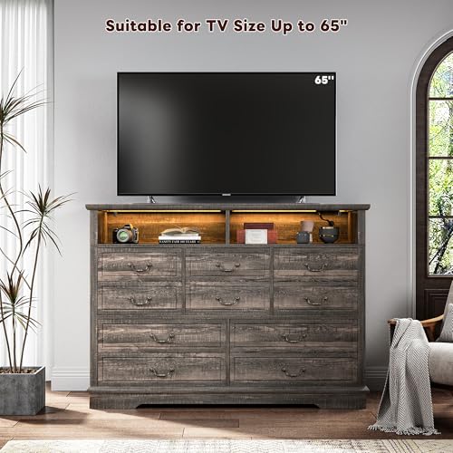 EnHomee 55.2''Wide Dresser for Bedroom Wood Dresser with LED & Power Outlet Vintage 10 Drawer Dressers & Chests of Drawers Long Dresser TV Stand, Closet,Hallway, Dark Rustic Oak - WoodArtSupply