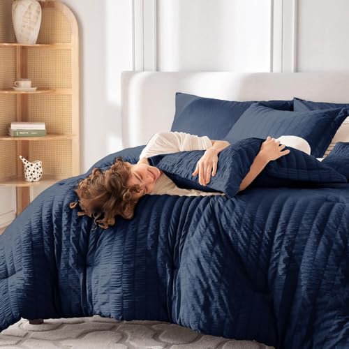 MUXHOMO 7 Pieces Queen Comforter Set, Seersucker Bed in a Bag Queen Size, All Season Luxury Bedding Set with Comforter, Flat Sheet, Fitted Sheet, Pillowcases & Shams, Navy Blue MUXHOMO