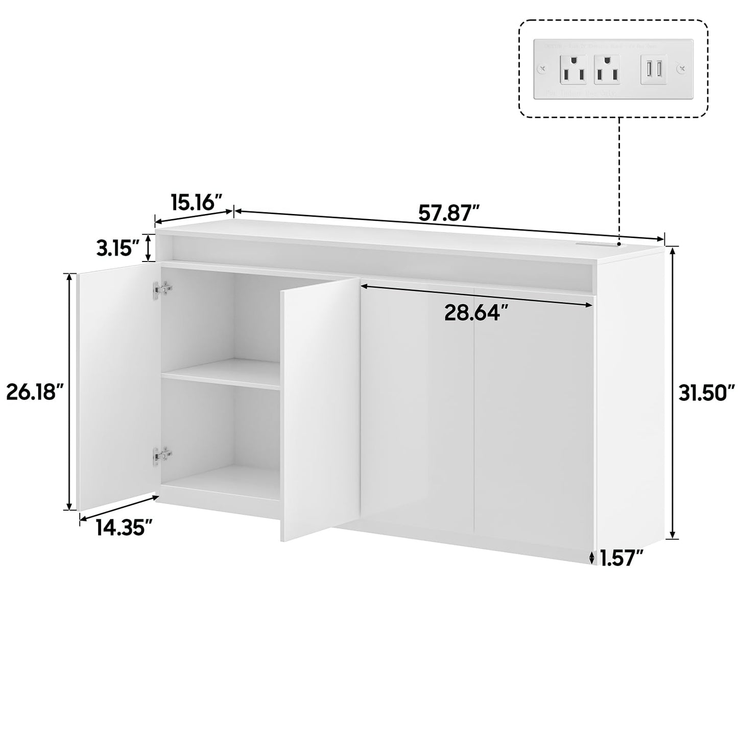 57" Kitchen Buffet Cabinet with Power Outlets - Pantry Storage Cabinet with LED Lights, Sideboard Cabinet Kitchen Storage Cabinets with 4 High Gloss Doors for Kitchen, Bathroom, White