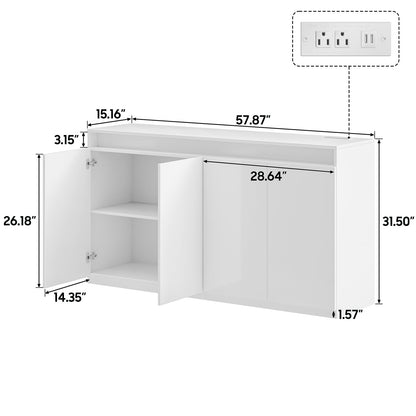 57" Kitchen Buffet Cabinet with Power Outlets - Pantry Storage Cabinet with LED Lights, Sideboard Cabinet Kitchen Storage Cabinets with 4 High Gloss Doors for Kitchen, Bathroom, White