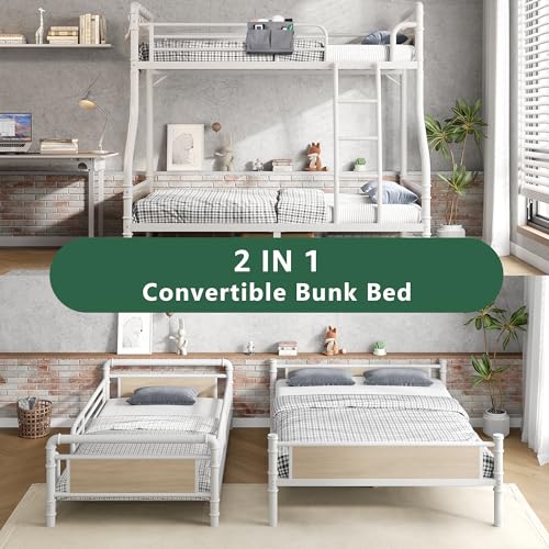 Jocoevol Metal Bunk Bed Twin Over Full, Industrial Bunkbeds Heavy Duty Bed with Safety Guard Rails and Space-Saving Design, Steel Bed for School, Bedroom (White) Jocoevol