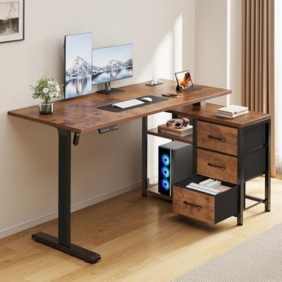 Homiflex 47 Inch L Shaped Standing Desk with 3 Drawers Electric Standing Desk with Storage Computer Desk Adjustable Height with Power Outlets 4 Memory Presets for Home Office Rustic Brown