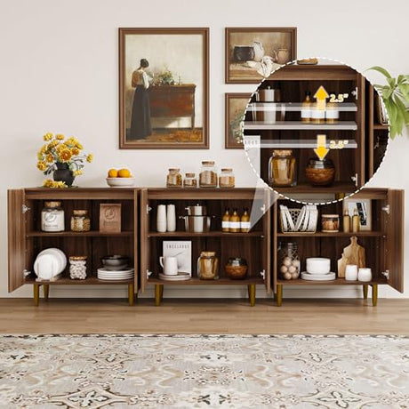 BREEZEHEAT Sideboard Buffet Cabinet with Storage, Fluted Accent Cabinet with 6 Doors, Mid Century Modern Console Table with Adjustable Shelves, Stylish Credenzas for Living Room or Entryway, Walnut BREEZEHEAT