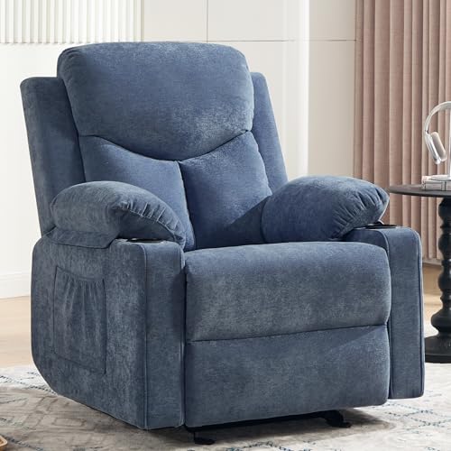 Sftaiyou Manual Rocker Recliner Chair for Adults with Massage, Overstuffed Glider Rocking Chair with Cup Holders and Pockets for Living Room, Reclining Sofa Chair for Bedroom Nursery,Navy Blue