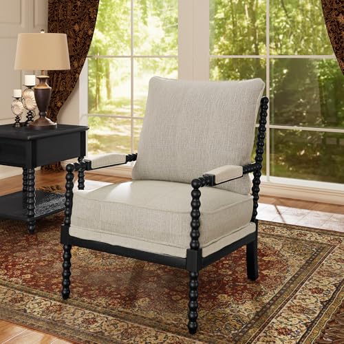 Morden Fort Linen Fabric Spindle Accent Chair with Wood Frame, French Style Accent Chairs with Padded Spring Seat and Armrest Pads, Brushed Base for Living Room Bedroom Farmhouse Office Balcony Morden Fort