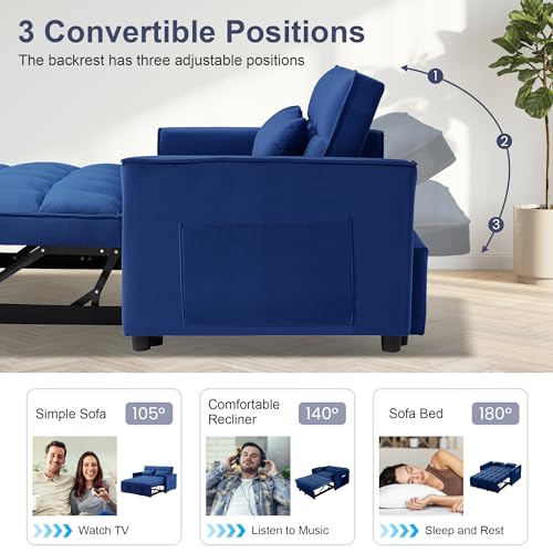 SumKea 55'' 3-in-1 Sleeper Loveseat, 2-Seater Pull Out Couch, Velvet Futon Sofa Adjustable Backrest, Reclining Sofa Bed with Pillows, Pockets, Perfect for Small Spaces, Living Room Furniture, Blue SumKea
