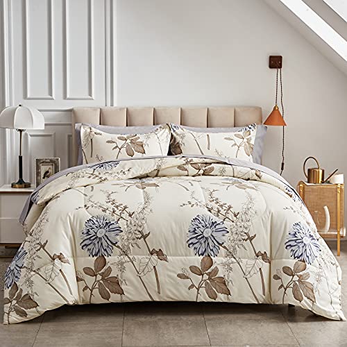 Joyreap 7 Piece Bed in a Bag California King, Flower Botanical Smooth Soft Microfiber Floral Comforter Set for All Season (1 Comforter, 2 Pillow Shams, 1 Flat Sheet, 1 Fitted Sheet, 2 Pillowcases) Joyreap