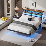kozfrn Floating Bed Frame Full Size with Storage Headboard,Modern Metal Platform with Smart LED Lights and Charging Station,Metal Slat Support,No Box Spring,Easy Assembly,Noise-Free,Black kozfrn