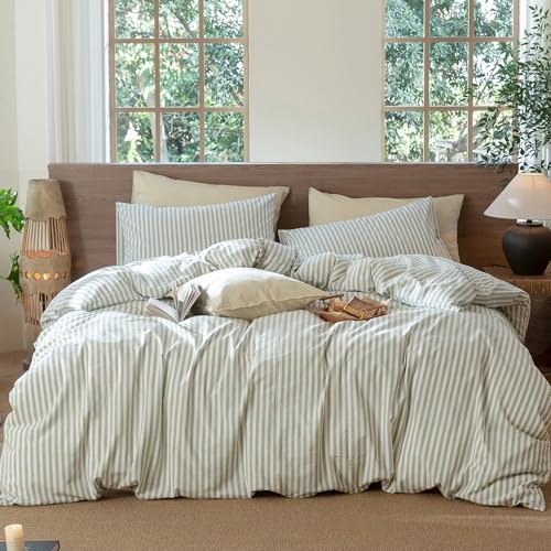 MooMee Striped Duvet Cover Set 100% Washed Cotton Linen Like Textured Breathable Durable Soft Comfy (Sage Green White Classic Stripes, King 104"x90") MooMee