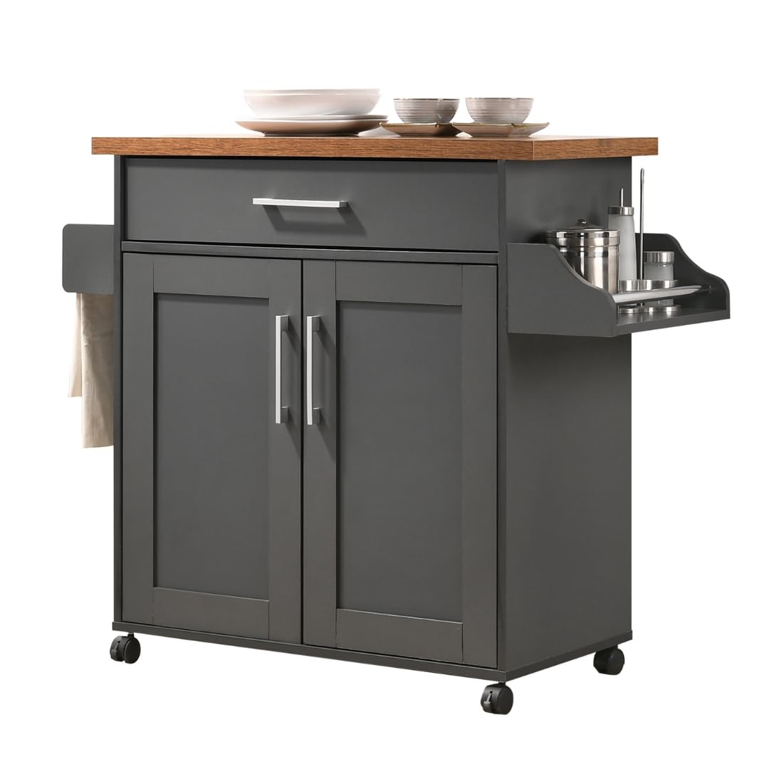 Hodedah Rolling Wood Kitchen Island Cart with Spice Rack, Towel Rack, Utensil Drawer plus Cabinet, White with Beech Top Hodedah