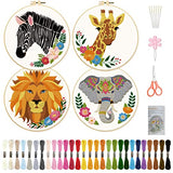 ORIGACH 4 Pcs Wild Animal Embroidery Starters Kit for Beginners, Zebra Lion Elephant Giraffe Embroidery Stitch Practice kit Include Embroidery Cloth, Embroidery Hoops, Threads and Needles