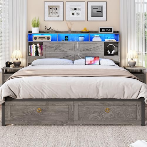 TIGUBFRE King Bed Frame with Storage Headboard, Farmhouse Wood Bed Frame King Size with 4 Drawers, LED Light & Charging Station, Metal Slats Support, Noise Free, No Box Spring Needed, Rustic Grey TIGUBFRE