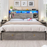TIGUBFRE King Bed Frame with Storage Headboard, Farmhouse Wood Bed Frame King Size with 4 Drawers, LED Light & Charging Station, Metal Slats Support, Noise Free, No Box Spring Needed, Rustic Grey TIGUBFRE