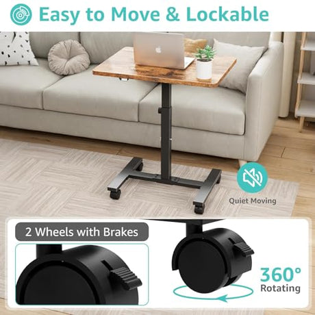 Small Portable Standing Rolling Desk - 24 Inch Mobile Stand Up Desk Adjustable Height on Wheels for Small Spaces, Couch Kids Laptop Desks End Side Table, Teacher Podium for Classroom, Rustic Brown WINAZ