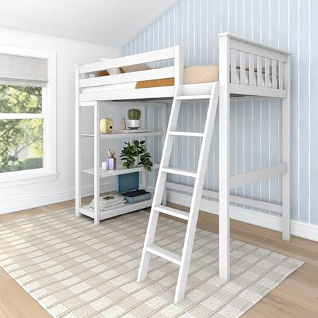 Max & Lily High Loft Bed, Twin Bed Frame For Kids With Bookcase, White Max & Lily