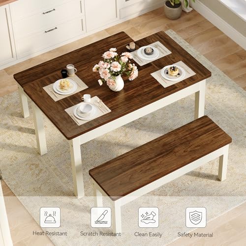 LITTLE TREE Dining Table Set for 4, Small Space Saving Farmhouse Kitchen Chairs, Compact 3-Piece Kitchen and Dining Room Furniture with 2 Wood Benches LITTLE TREE
