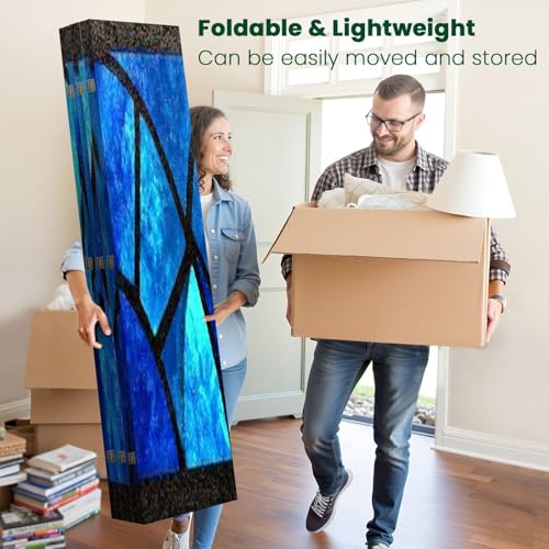 6 Panels Folding Screen Room Divider Blue Stained Glass Window Seamless for Modern Design Luxury Interior Canvas Screen Room Separator Freestanding Protective Decorative Divider Privacy Partition VETEB