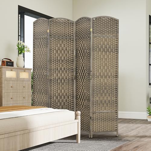 HOMCOM 4 Panel Room Divider, 6' Tall Folding Privacy Screen, Woven Freestanding Wall Partition for Home Office, Bedroom, Dark Rustic Oak HOMCOM