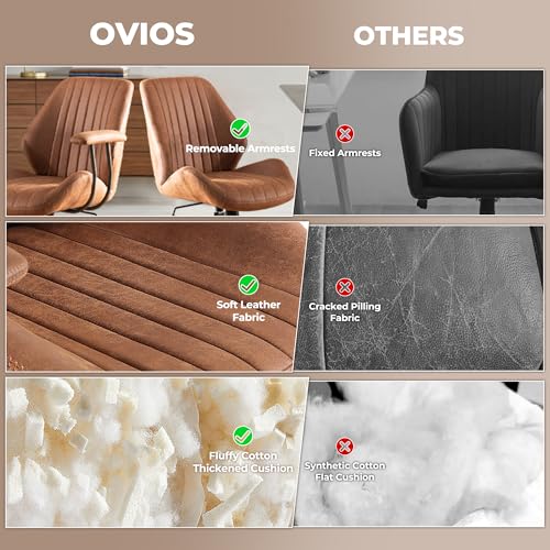 ovios Ergonomic Office Chair, Mid Back Faux Leather Executive Chairs with Armrests, Comfy Mid-Century Modern Swivel Rolling Computer Armchair (Brown, Suede Leather) ovios