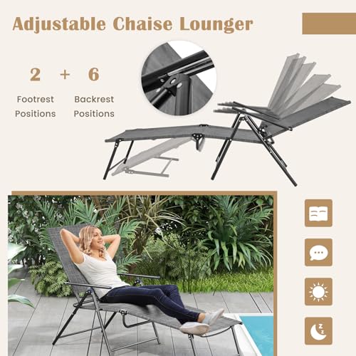 Giantex Lounge Chair Outdoor Set of 2 - Tanning Chair with 6 Adjustable Backrest, 2-Level Footrest, Folding Sunbathing Lounger for Patio, Poolside, Yard, Chaise Lounge Chair, Beach Chair (Grey)