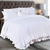Masaca White Ruffled Comforter Set Queen,Lightweight Farmhouse Shabby Boho Chic White Bedding,Ultra Soft Fluffy Washed Microfiber Bed Comforter Set 3-Piece (1 White Comforter+2 Ruffle Pillow Shams) Masaca