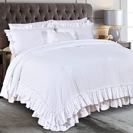 Masaca White Twin Comforter with Ruffles,Shabby Boho Chic Ruffle Comforter Set Farmhouse Twin Bedding Sets,3pcs Vintage Aesthetic Kids Bedding Sets for Girls Masaca