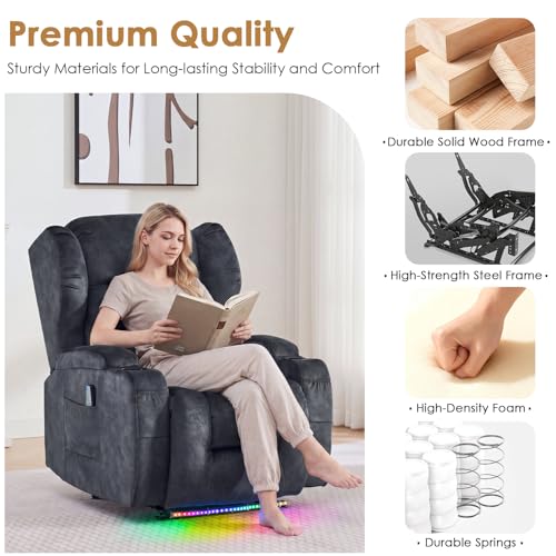 SAMERY Power Recliner Chair with Massage and Heat, Zero Wall Hugger Recliners Sofa Chair for Small Spaces, Theater Seating RV Sofa with LED Surround Lighting/USB/Cup Holders, Velvet, Charcoal