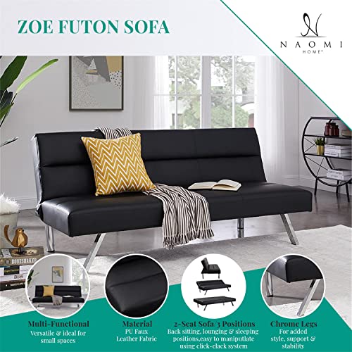 Naomi Home Zoe Futon Sofa Bed, Faux Leather Futon Couch, Modern Convertible Folding Sofa Bed Couch with Chrome Legs, Reclining Mini Couch, Leather Futon Small Couch for Bedroom Living Room Black