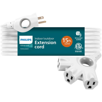 Philips EZGrip Outdoor Extension Cord with Multiple Outlets, Grounded 3 Prong Cord, Long Extension Cord Indoor with Multiple Outlets, Heavy Duty Extension Cord, 15 Ft, 16 AWG, White, SPC3153ZW/37-T1