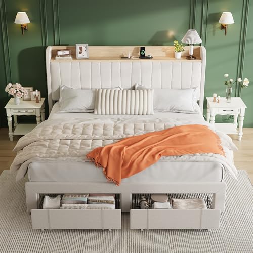 GarveeHome King Size Bed Frame with Storage Headboard, Upholstered Platform Beds with Drawers, Charging Station, Noise-Free, No Box Spring Needed, Easy Assembly, Beige GarveeHome