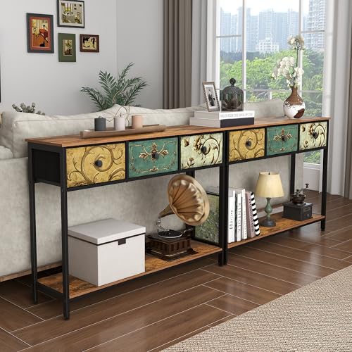 Tohomeor Entryway Console Table with 3 Retro Flowers Fabric Drawers Boho Narrow Long Behind Couch Sofa Table with Bottom Open Storage Shelf for Hallway Living Room Foyer (Rustic Brown, 3 Drawers) Tohomeor