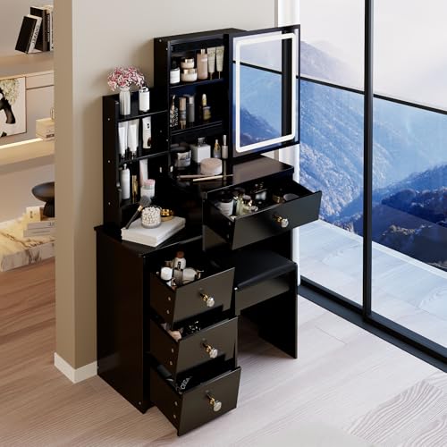 Montary 29.2" Small Size Vanity Desk Set with Plush Cushioned Stool - Sliding Mirror with Adjustable LED Light, Drawers, Multi-Layer & Hidden Storage,Practical & Stylish, Black Montary