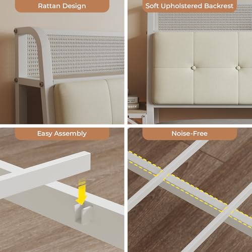 Salamir King Size Bed Frame with LED & Charging Station, Floating Bed Frame, Upholstered Headboard with Folding Shelves Storage, Metal Slats Support, No Box Spring Needed, Easy Assembly, White Salamir