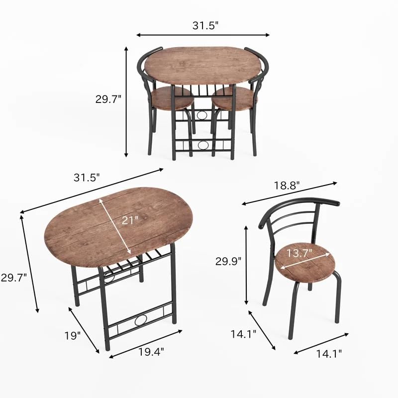 Shahoo 3-Piece Wooden Dining Table Set, Kitchen Breakfast Nook Sets with 2 Chairs & Round Tabletop, Space Saving Furniture Metal Frame and Built-in Wine Rack, Brown Shahoo