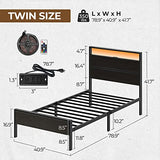 Rolanstar Bed Frame Twin Size with Charging Station, LED Twin Bed Frame with Wood Headboard, Platform Bed with Metal Slats & Under Bed Storage, No Box Spring Needed, Noise Free, Black Oak Rolanstar