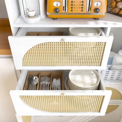 YUHOCB Kitchen Pantry Storage Cabinet with Power Outlet,Tall Kitchen Hutch Cabinet with Microwave Stand,Utility Pantry with Doors and Shelves for Dining Room, Living Roo (White) YUHOCB